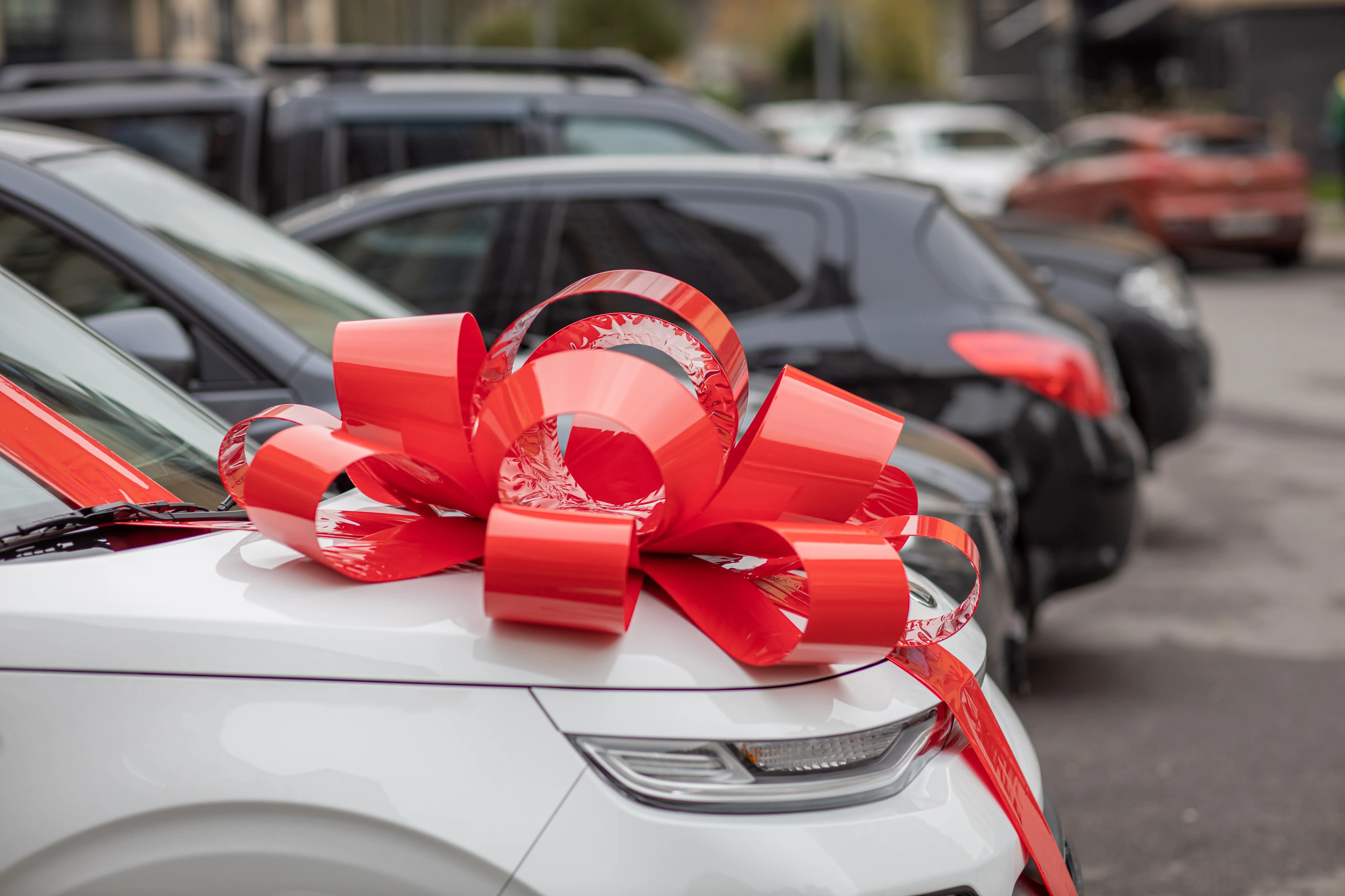 Car with red bow on hood