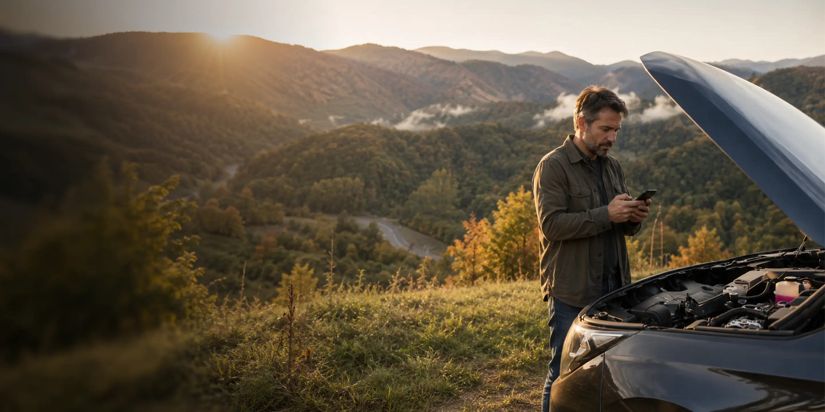 Man checks a smartphone beside a car with its hood open, overlooking a forested mountain valley at sunset.