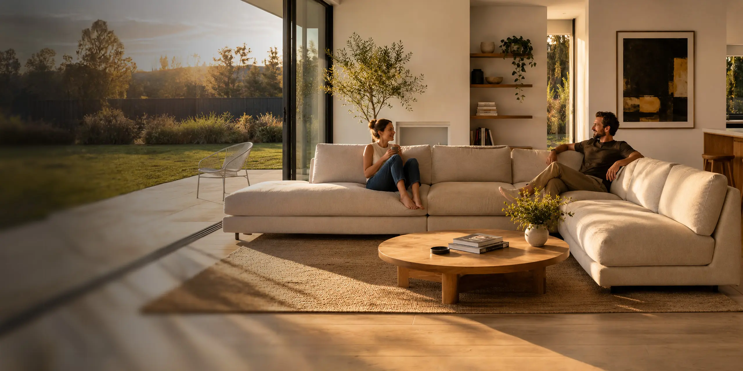 Two people sitting in the living room of a home at sunset.